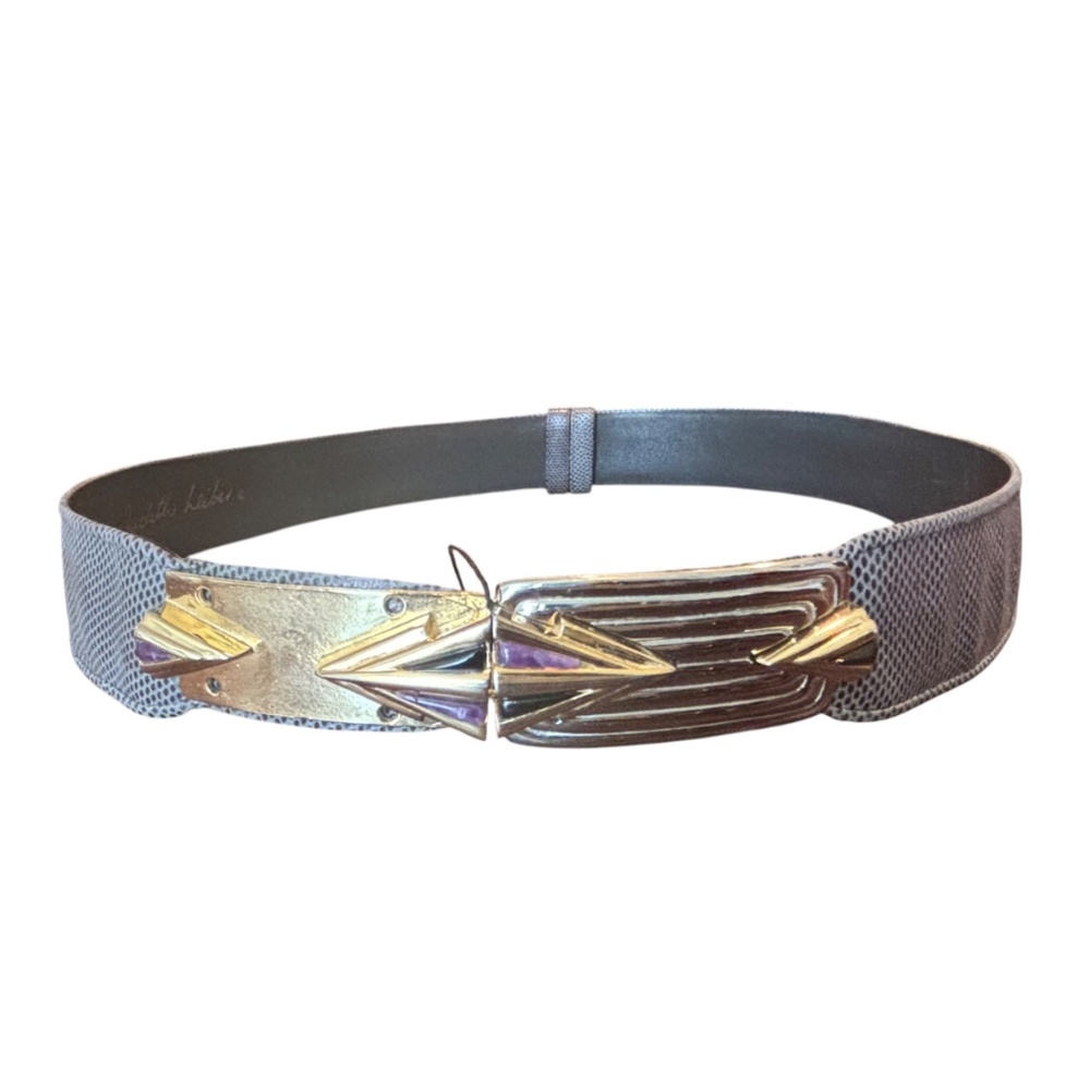 Judith Leiber Gray Textured Leather Belt with Gold Buckle